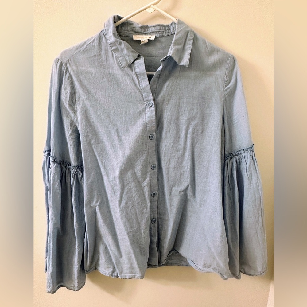 Blue Ruffled Bell Sleeve Button Down Shirt - 100% Cotton